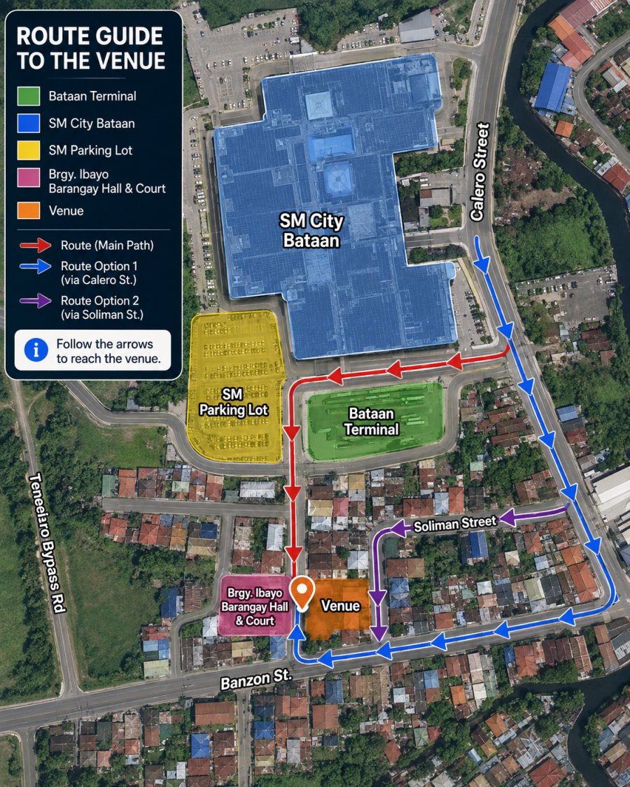 Route guide image showing SM City Bataan as the nearest landmark and arrows toward New Jonah's Place Inland Resort
